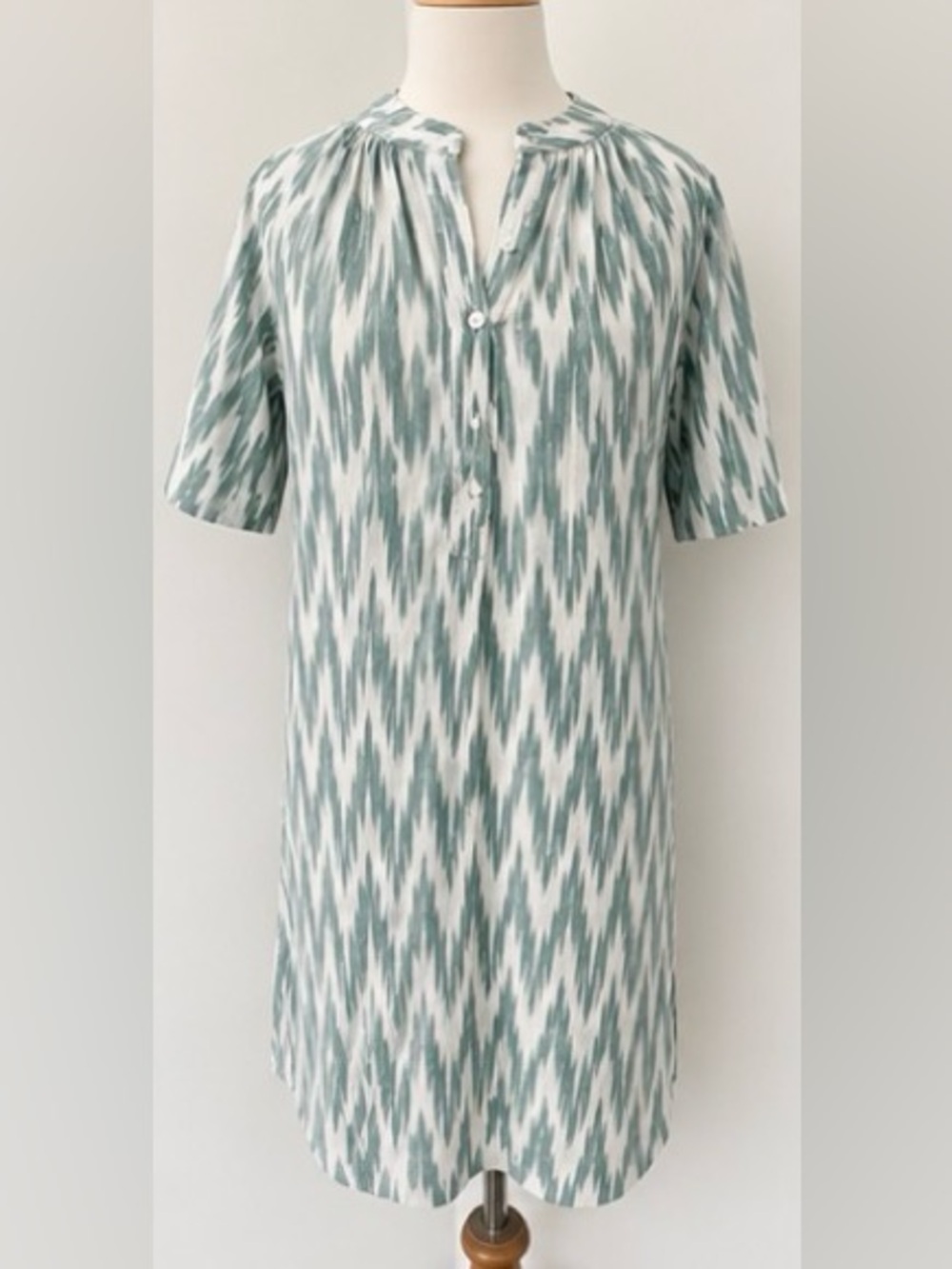 [Oliphant] Sage Green White Chevron Ikat Cotton Shift Dress XS